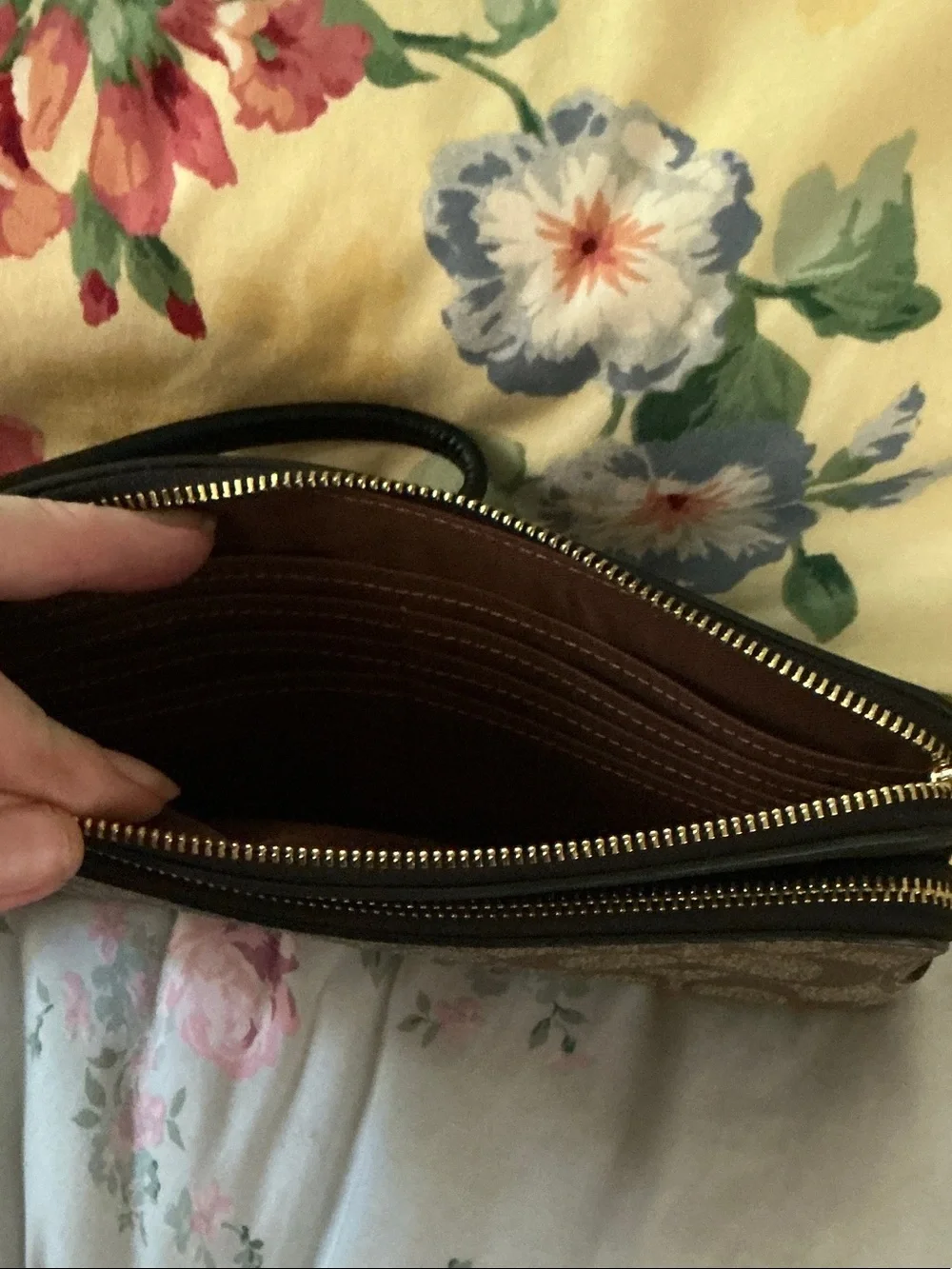 Coach Brown Signature Zip Wristlet with Gold Logo